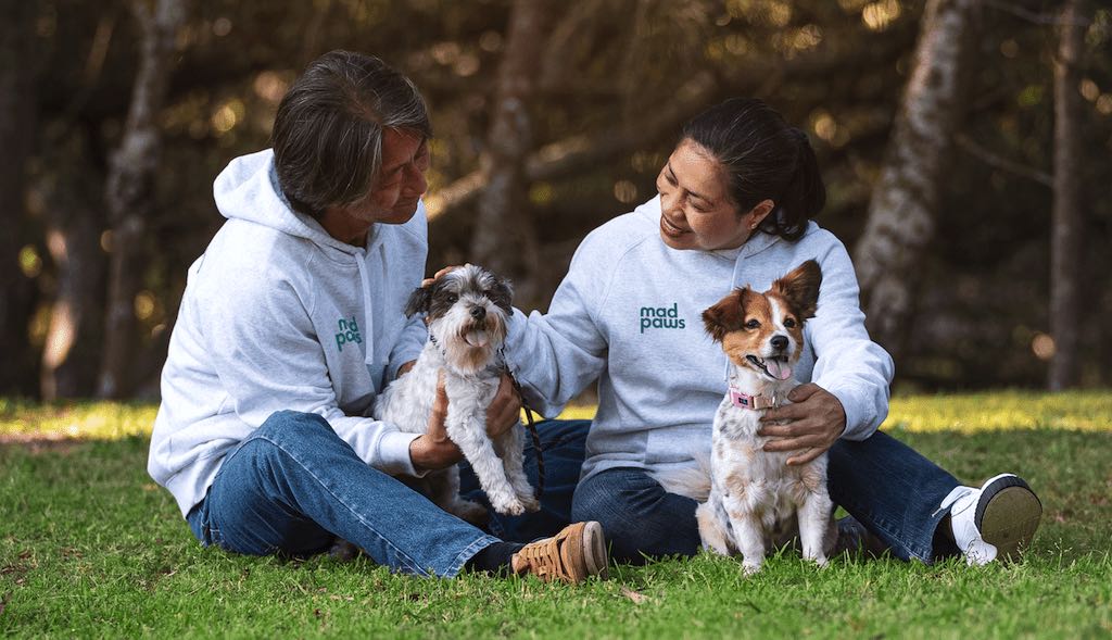 Couple with dogs on a forest lawn