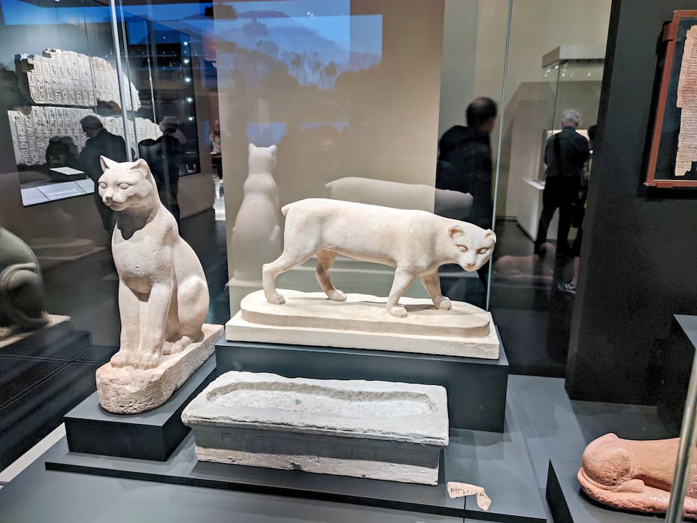 Ancient Egyptian limestone cat sculptures exhibited inside the British Museum (2022)